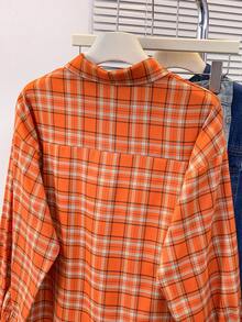 New Dopamine Orange Plaid Casual Long Sleeve Shirt