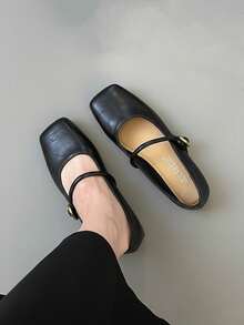 Women's Square Toe Mary Jane Black Retro Flat Shoes, Comfortable Strap Breathable Flat Shoes With Cold Glue Craft