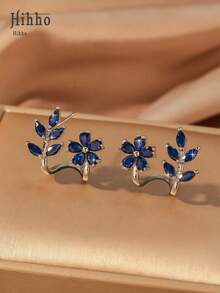 Hihho 2 chiếc khuyên tai hình lá và hoa đính đá Sapphire Zirconia lấp lánh thời trang cá nhân hóa, quà tặng cho bé gái, trang sức Giáng sinh - Xanh đậm - Xem 5