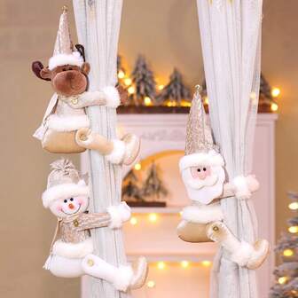 New Christmas Curtain Tie-On Decorations - Christmas Champagne Fleece Curtains With Snowman Home Decor For Seniors