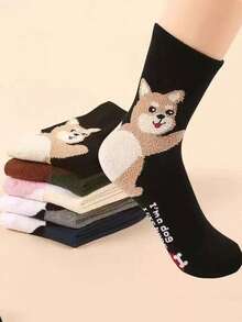 3 Pairs Assorted Cute Animal Print Warm & Comfortable Mid-Calf Socks, Autumn/Winter