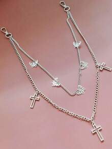 1 pezzo Catena per pantaloni alla moda con decorazione a doppio strato di farfalla e croce, adatta per la fotografia e l'uso quotidiano - Bianco K - Visualizzare 3