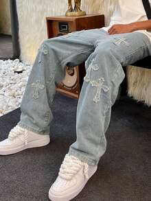 2025 High Street 十字贴片宽松男士阔腿牛仔裤，街头嘻哈风格