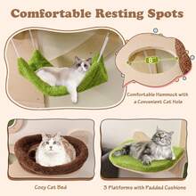 Wall-Mounted Cat Tower W/ Bed Hammock Sisal Scratching Post & Mats Cushions - 綠色和棕色 - 查看 6