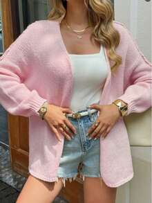 Cardigan à manches longues pour femmes en hiver avec épaules tombantes, confortable pour un port quotidien - Rose bonbon - Voir 3