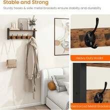 Senmeo Perchero de pared retro con ganchos - Estante flotante de madera maciza - Ideal para la entrada, llaves, toallas de baño y almacenamiento de cocina - Retro - Ver 3