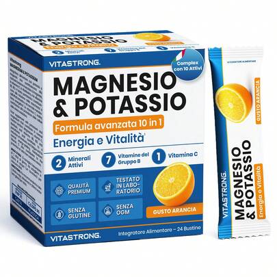 Vitastrong Magnesio e Potassio 10-in-1 – Integratore Multivitaminico con Vitamina C e Vitamine B, 24 Stick, Senza Zucchero, OGM e Glutine, Gusto Arancia
