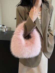 1pc Fashionable Plush Shoulder Bag, Flat Brim Handbag, Cute Women's Winter Handbag/Wallet - Pink - View 7
