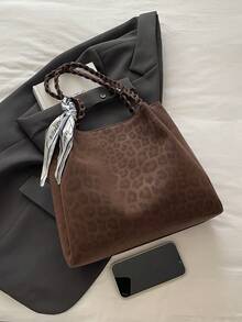 New Autumn/Winter Vintage-Inspired Suede Tote Bag Features A Silk Scarf Accent Spacious Yet Lightweight Minimalist Design Soft-Sided Shoulder Bag Ideal For Women's Daily Casual Wear, Commuting, Work, Vacations, And Student Use