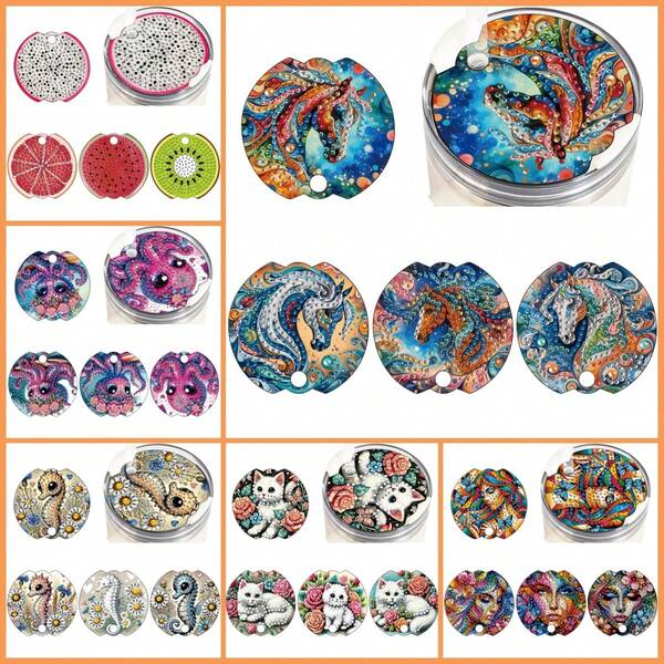 4 pezzi Set fai-da-te di arte diamantata con disegni astratti di frutta, polpo carino, cavalluccio marino, gatto, cavallo e design belli, inclusi tazza da viaggio, bicchiere termico, secchiello del ghiaccio, tazza a fondo piatto, coperchio personalizzato per tazza rotonda, accessori decorativi in mosaico di cristallo e strass di forma speciale, in materiale acrilico, con attrezzi e parti