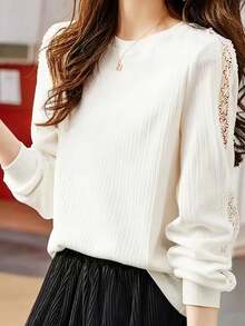 Crew Neck Hollow Out Delicate Lady-Like Elegant Versatile Blouse - White - View 5