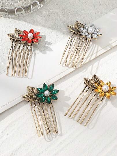 1pc Vintage Floral Hair Comb - Floral Design, Adorned With Faux Pearls And Bronze Metal Base, Suitable For Women's Elegant Updo, Wedding And Hanfu Hair Accessories, Hair Comb, Side Comb