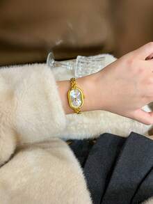 1 pieza Reloj de cuarzo elegante de moda con esfera minimalista y caja con diamantes de imitación, adecuado para decoración diaria - Dorado - Ver 3