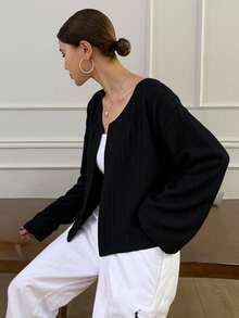 Livesso 纯色落肩前开短款夹克，秋装 - 黑色 - 查看 2