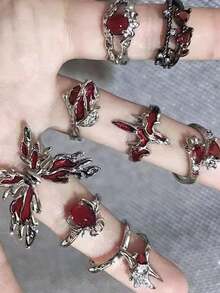 8pcs/Set Unique Combination Rings With Red Butterfly, Heart & Dotted Rhinestone Decor - Multicolor - View 4