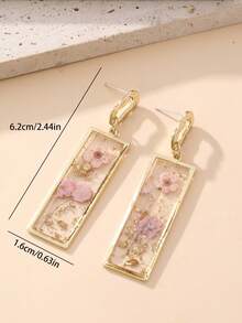 1 Cặp bông tai hình chữ nhật bằng nhựa ép hoa khô thời trang, thiết kế đa năng thích hợp cho kỳ nghỉ, tiệc tùng và đeo hàng ngày, hoa khô tự nhiên có thể có đôi chút khác biệt so với hình ảnh - Hồng - Xem 5