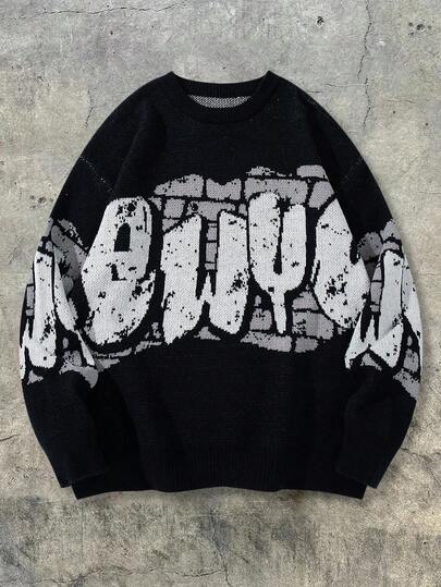 Nouveau pull d'automne/hiver décontracté pour hommes avec motif jacquard à lettres, coupe ample et col rond côtelé amusant