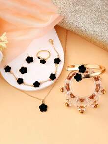 1 Set Classic Clover Necklace, Earrings And Bracelet Jewelry Set, Elegant Gift For Teens And Friends - màu đen - Xem 6
