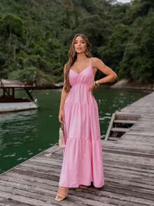 Casual Long Dress With Thin Straps And Discreet Neckline - 粉色 - 查看 2