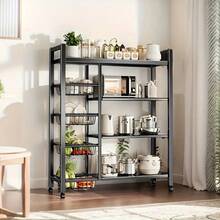 A 4-Layer Black Metal Storage Rack With Wheels - A Multi-Functional Vegetable Rack For The Kitchen And Pantry, Featuring 3 Metal Baskets, Kitchen Storage Items And Storage Cabinets - 35.4吋*12.6吋*42.52吋 - 查看 3
