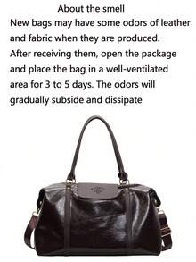 1 件咖啡棕色时尚大容量手提包，休闲百搭短途旅行行李包，度假健身手提包，复古油蜡皮亮面斜挎包，PU 皮革女包