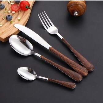 4-delars bestickset i rostfritt stål, handtag i konstträ, inkluderar kniv, sked, gaffel och tesked, lämplig för hemmet, utomhus, fest, kontor (i OPP-påse)