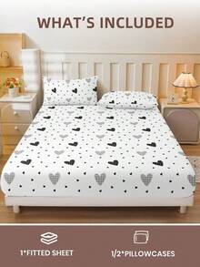 2/3pcs Printed Fitted Sheet Set, Bedding, Bed Sheets Set, Christmas Decorations, Soft And Comfortable Bedding, Skin-Friendly Bed Cover Set, Hallowen Decor, Fall Decor, Mattress Protector For Bedroom, Room Decor, For All Season, Fits Twin Full King Queen Size Bed, 1 Fitted Sheet And 2 Pillowcases, Machine Washable - Full Of Love - View 3