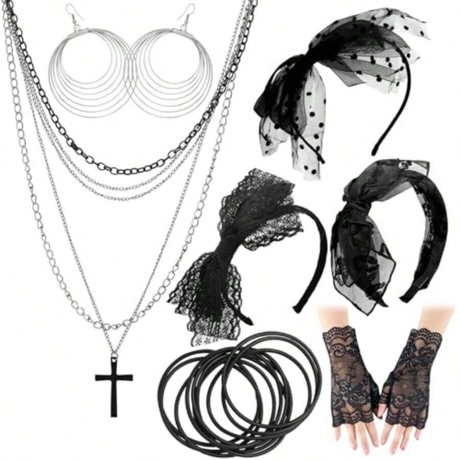 Women's 80s Fancy Costume Accessory SetConcert Outfit With Bow Headband Cross Necklace Lace Gloves Circle Earrings Black Rubber Bracelet 80s Retro Party Punk Rock 1980s Fashion Lookgift - 如圖 - 查看 1