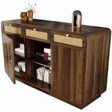 Kommode Sideboard 120cm Nussbaum, Schubladenschrank mit Rattan & Goldgriffen, 3 Schubladen + 2 Schränke + offenes Regal, Höhenverstellbare Einlegeböden, H85/B120/T40 cm