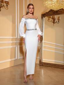 Love Aing 女士白色手工水钻露肩优雅长袖婚礼伴娘晚礼服，奢华高端礼服