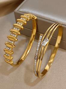 18K 镀金不锈钢奢华优雅几何锆石钻石可叠戴手镯套装，适合女士、妈妈礼物、圣诞节感恩节万圣节婚礼狂欢/舞会/派对/日常配饰、周年纪念礼物、情人节波西米亚风珠宝生日伴娘礼物 Y2K 精致时尚手镯