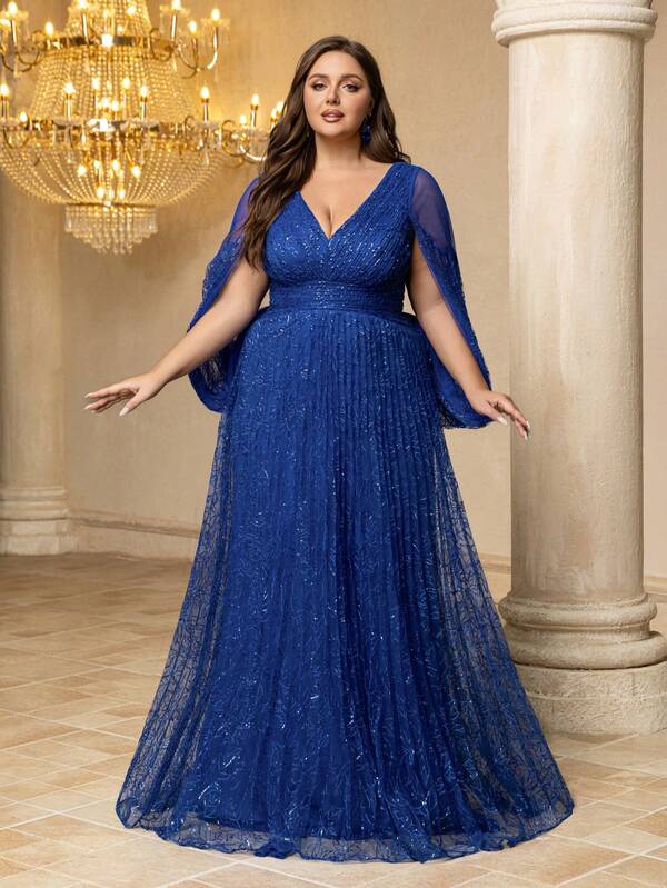UNITHORSE UNITHORSE Plus Women's [Random Print] Elegant Deep V Neck Cape Sleeve Sequin Contrast Mesh Fabric Pleated Slim-Fitting Maxi Evening Dress