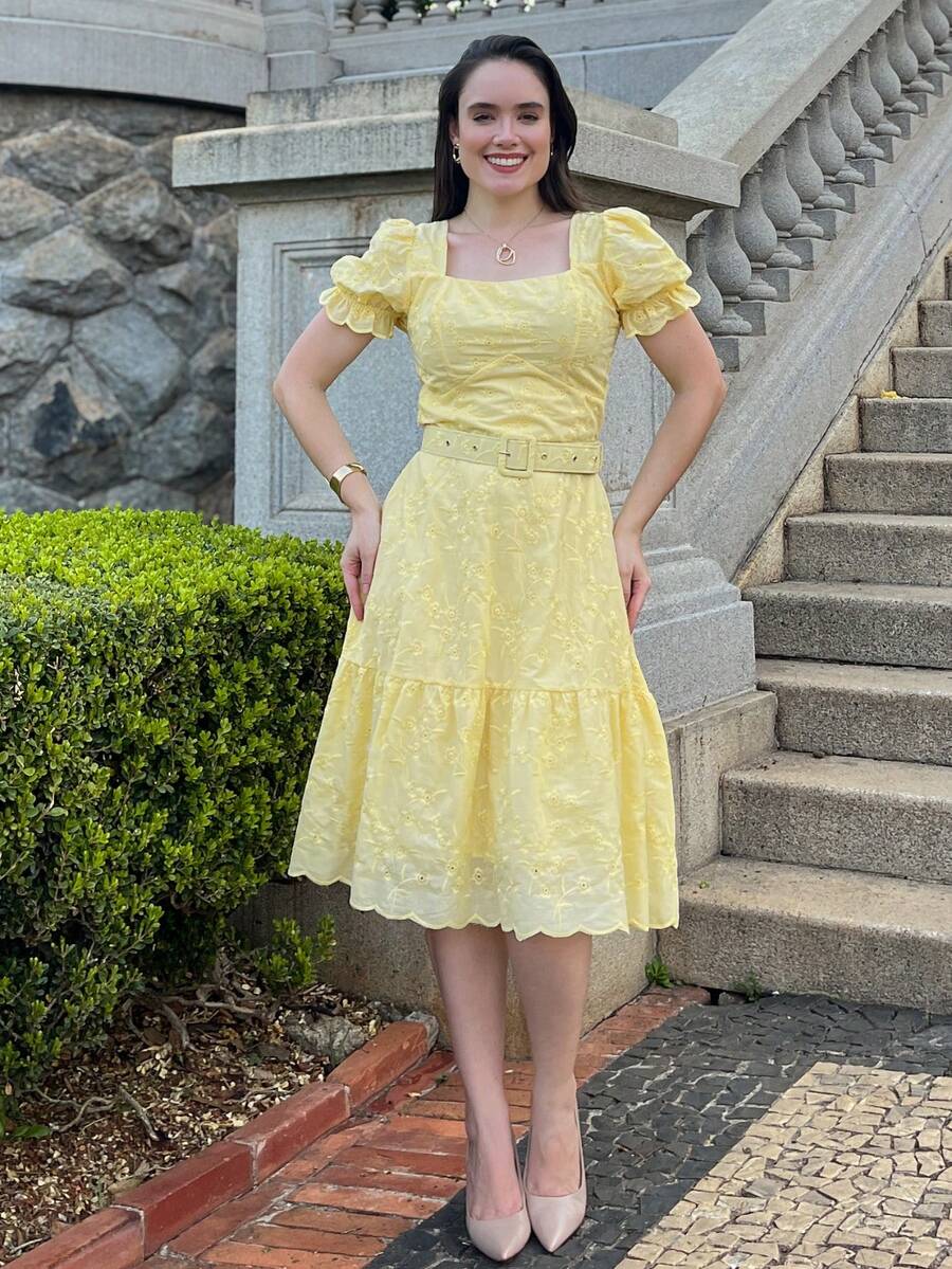 LESE MIDI PLAIN DRESS ELEGANT CASUAL FASHION WOMEN'S DRESS - Yellow - View 1