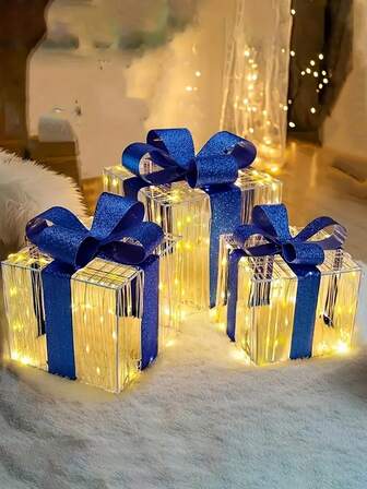 3 piezas Caja de regalo con iluminación LED, Caja de regalo con lazo azul transparente cosido, Caja de regalo con decoración de lazo, Adecuada para regalos de cumpleaños, decoración del hogar, decoración navideña, caja de regalo cálida