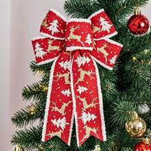 Christmas Bow Decoration With Reindeer And Tree Pattern Holiday Festive Decor For Home - 紅色 - 查看 2
