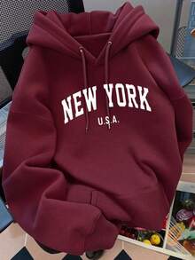 Sudadera casual para mujer con capucha, manga larga, estilo holgado, estampado de letras americanas, primavera otoño, uso diario - vino - Ver 1