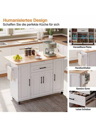 120*45cm, Mobile Kitchen Isl Trolley, Worktop Extends Up To 70cm, Hidden Cutlery Drawer, Adjustable Shelves, Spice Rack Towel Holder, Kitchen, Dining Room Or Living view 2