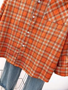 New Dopamine Orange Plaid Casual Long Sleeve Shirt