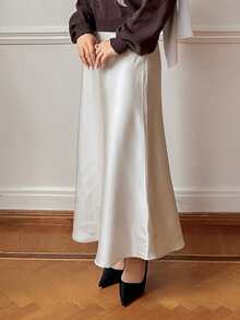 DAZY 纯色高腰A字裙，女士优雅拉链长款常规版型香槟色素面女裙，春秋季，休闲日常穿着，时尚百搭 - 香檳色 - 查看 3