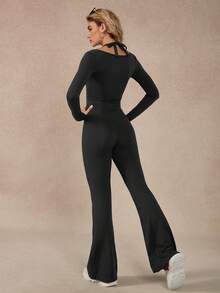 NcmRyu 1pc Round Neck Wide Leg Straight Shaping Lifting Long Sleeve Jumpsuit - màu đen - Xem 3