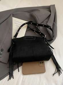 2025 New Arrival Unique Design Tassel Handbag, Personalized Fashion Versatile Tote Bag, Casual Commute Shoulder Crossbody Bag - Black - View 8