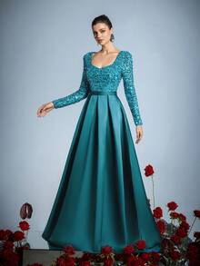 Elegant Sequin Satin Long Sleeve Evening Gown - Suitable For Art Gallery Galas, Charity Dinners, Luxury Events, Private Museum Parties, Cannes Film Festival Red Carpet, New Year Attire - Green - View 7