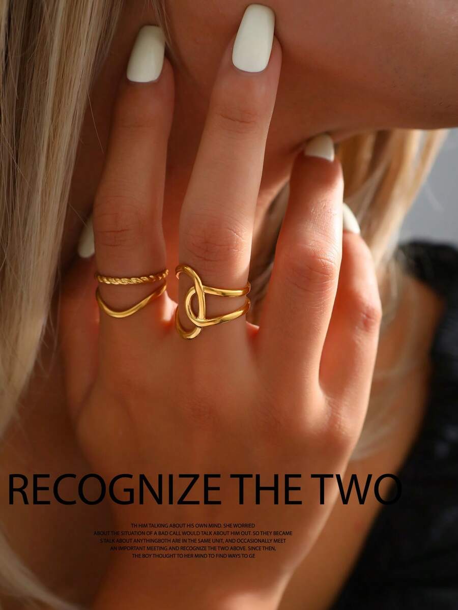 2 件简约不锈钢开口戒指套装，时尚小众设计，用途广泛 - 金29 - 查看 1