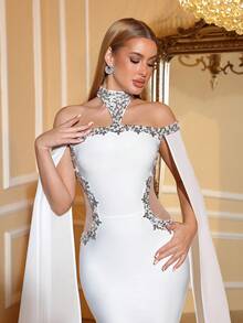Love Aing Vestido de mujer elegante con adorno de rhinestone de Love Aing, vestido de capa blanco largo de manga larga y cuello alto ajustado, vestido de gala formal para boda, fiesta, banquete