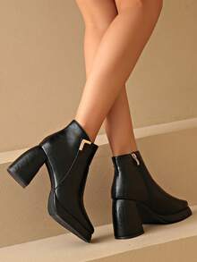 女式踝靴，超高跟靴，纯色圆头粗跟防水台靴，时尚休闲一脚蹬靴，适合秋冬户外，侧拉链 PU 皮革优雅假日踝靴 - 黑色 - 查看 4