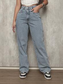 Shein Women's Wide Leg High Waisted Luxury Elegant 100% Denim Jeans - Rửa trung bình - Xem 1