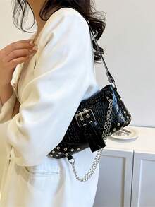 Vintage Punk Studded Underarm Bag For Women, Crocodile-Embossed PU Leather Purse With Metal Chain Decor - Solid Color Rivet Chain Shoulder Bag For Handheld & Shoulder Carry, Hot Girls Clutch Evening Bag Banquet Square Handbag & Satchel Purse For Wedding Party Prom, Women's Chain Decor Underarm Bag Casual Phone Coin Bags,Fashionable Niche Design, Steampunk, Goth,Bag For Women, Cool Girls Street Wear,Perfect For Music Festival, Concert, Rock Style Bag For Women For Evening Events, Concerts, Dates, Holds Phone, Lipstick, Keys In Edgy Gothic Style[US Local Warehouse] - 彩色 - 查看 9