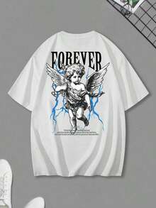 Camiseta de manga corta con cuello redondo y diseño de patrón de ángel para hombres, para salir, para amigos - Blanco - Ver 2