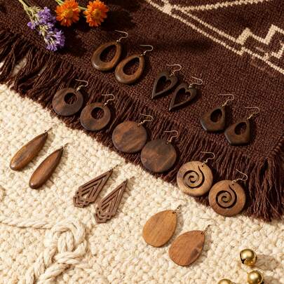 9 أزواج/مجموعة من الأقراط المعلقة الخشبية البوهيمية الهندسية القديمة للنساء، مجموعة أقراط محفورة بشكل قلب ودمعة مجوفة، إكسسوارات مجوهرات عصرية للاستخدام اليومي والحفلات والعطلات، مناسبة لجميع المواسم