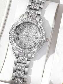 3 Stück/Set modisch & elegant multifunktionale Damen Stahlband Quarz Uhr Set, vollständig mit Strass dekoriert, kombiniert mit Strass Schmuck Armband, geeignet für Abendgalas, Festivals, Partys, Hochzeiten und den täglichen Gebrauch, auch ideal für Schulanfang, Abschluss, Thanksgiving und andere Anlässe, perfektes Geschenk für Frauen - Silber - Übersicht 3